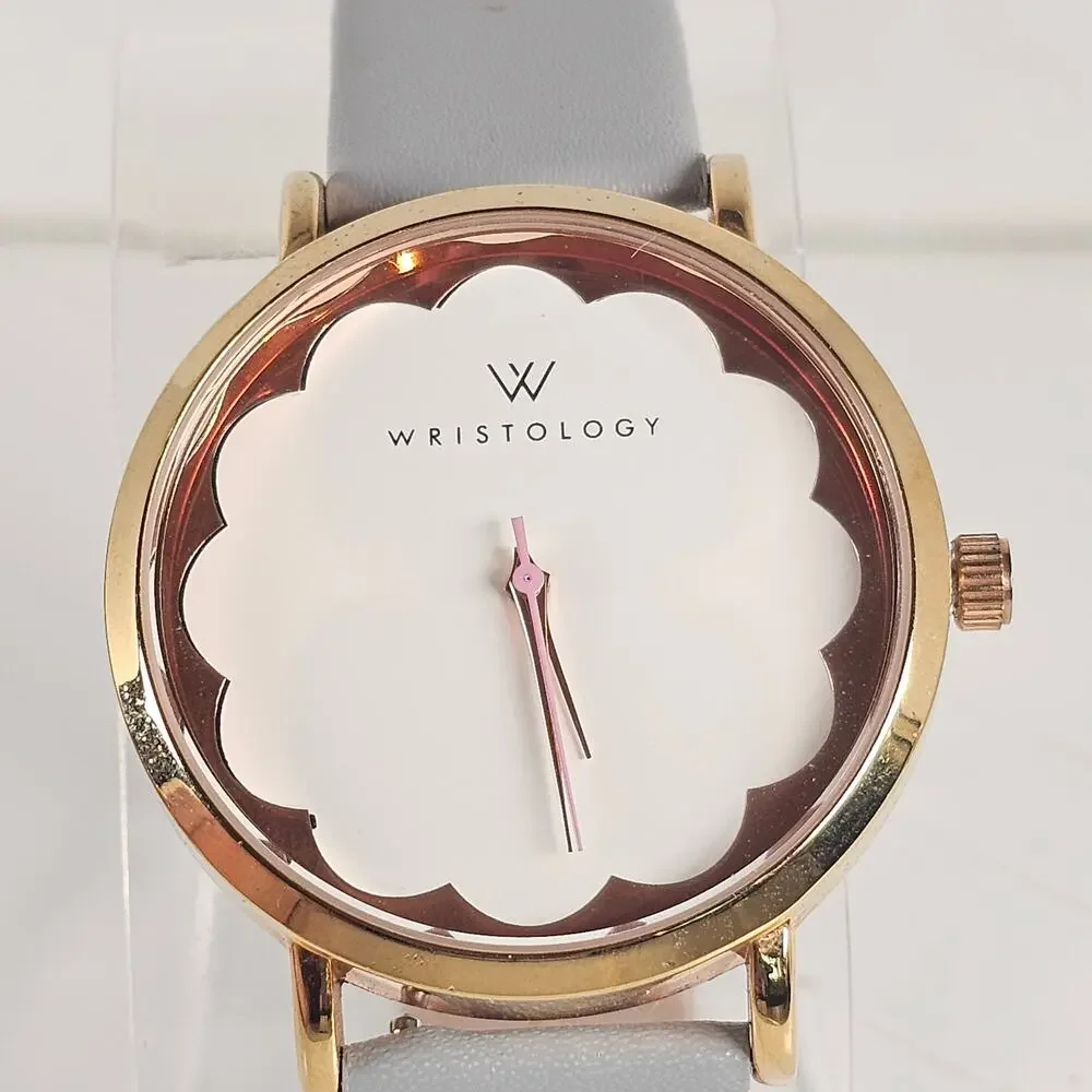 Wristology Women's Quartz Watch 38mm Gold Case Gray Leather Band, New Battery